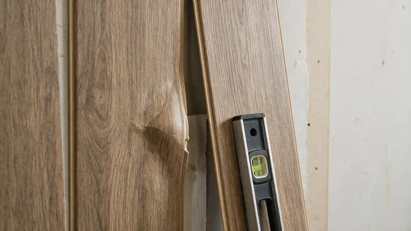 Paneles apoyados en una pared a medio instalar con un nivel de burbuja comprobando la verticalidad
