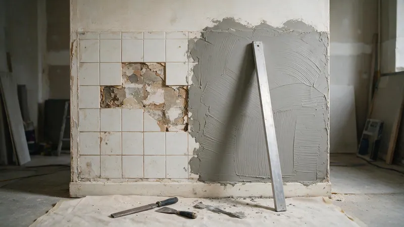 Pared con azulejos arrancados y una zona ya nivelada con masilla fresca, con una regla de aluminio apoyada