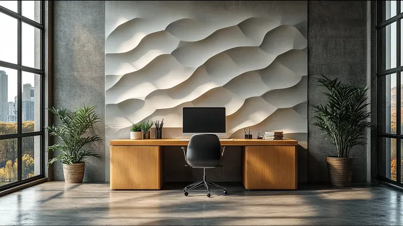 Zona de trabajo con la pared del fondo en panel blanco de relieve ondulado tridimensional, entre dos ventanales