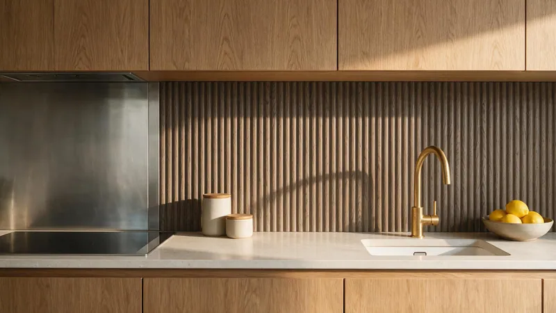 Pared de cocina revestida con paneles acanalados de PVC en tono roble sobre una encimera clara