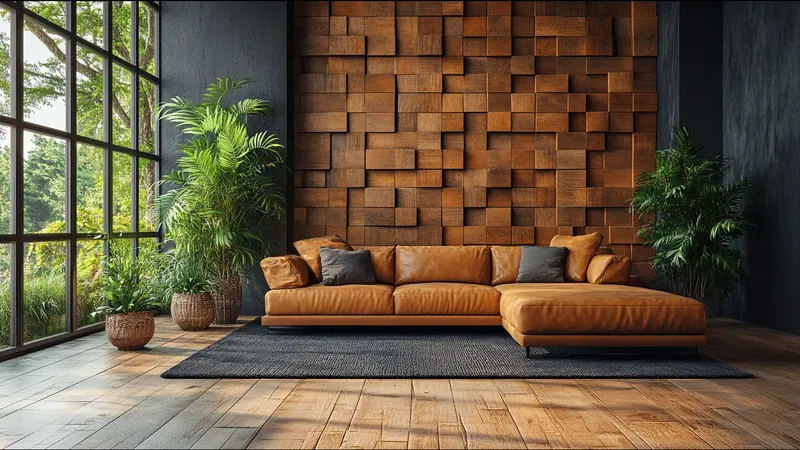 Salón con la pared revestida en bloques de madera de distintos gruesos que forman un relieve irregular