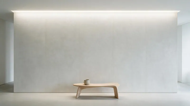 Pared amplia revestida en panel de microcemento mate iluminada por una línea de luz continua, con un banco bajo de madera