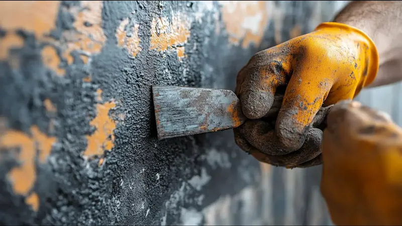 Manos con guantes de trabajo aplicando masilla con espátula sobre una pared antes de revestirla