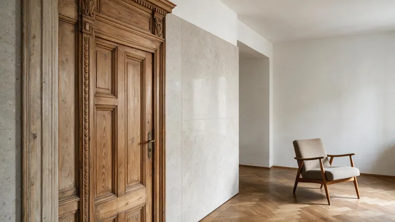 Puerta antigua de madera con molduras junto a una pared revestida en panel liso contemporáneo, sobre suelo de espiga