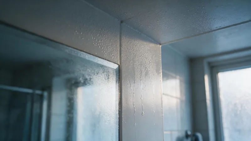 Condensación superficial sobre la pared y el techo de un baño frío, con gotas deslizándose