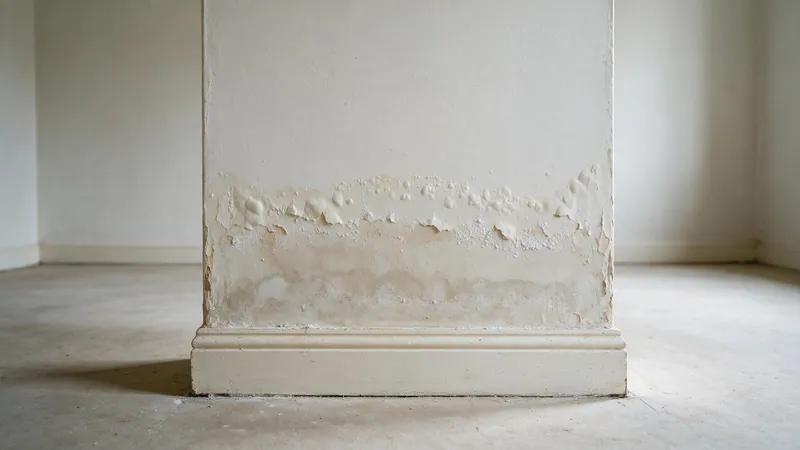 Pared interior de yeso con una mancha oscura de humedad que sube desde el rodapié, con restos de sales blancas y pintura levantada