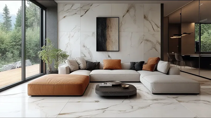 Salón luminoso con la pared y la isla revestidas en panel de mármol blanco con veta gris