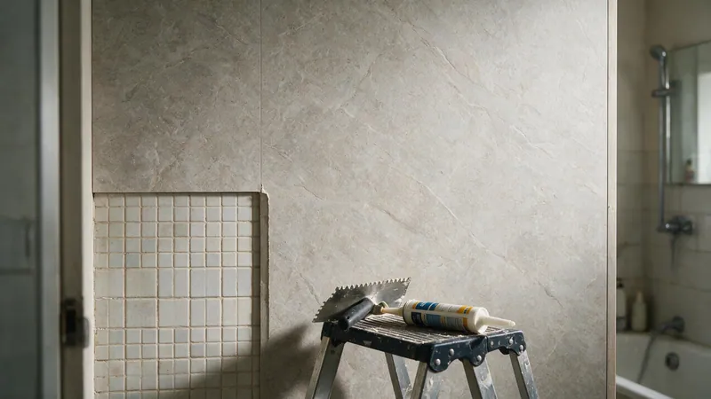 Pared de cocina alicatada en blanco cubierta a media altura con paneles de listones en tono madera oscura