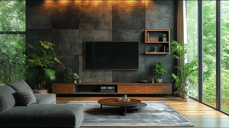 Salón con el mueble de televisión sobre una pared revestida en panel oscuro de gran formato