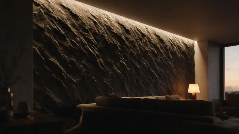 Pared de panel de piedra oscura con mucho relieve iluminada en rasante desde el techo, con sombras largas