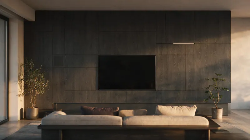 Salón con televisor enrasado en una pared revestida en panel de madera oscura mate, con la rejilla del altavoz integrada