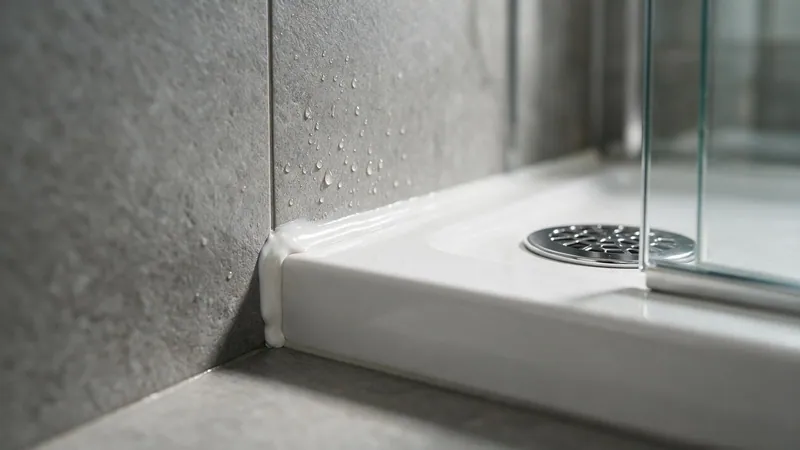 Encuentro entre el panel de pared y el plato de ducha, sellado con un cordón de silicona continuo