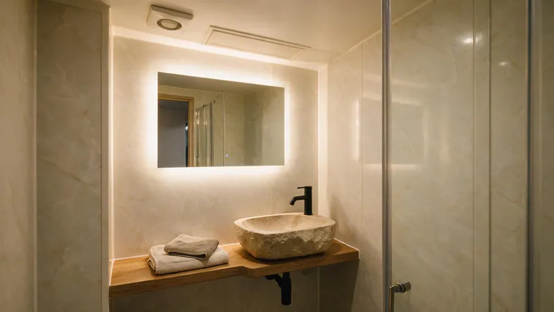 Baño interior sin ventana con pared revestida de paneles acanalados en tono claro y espejo iluminado
