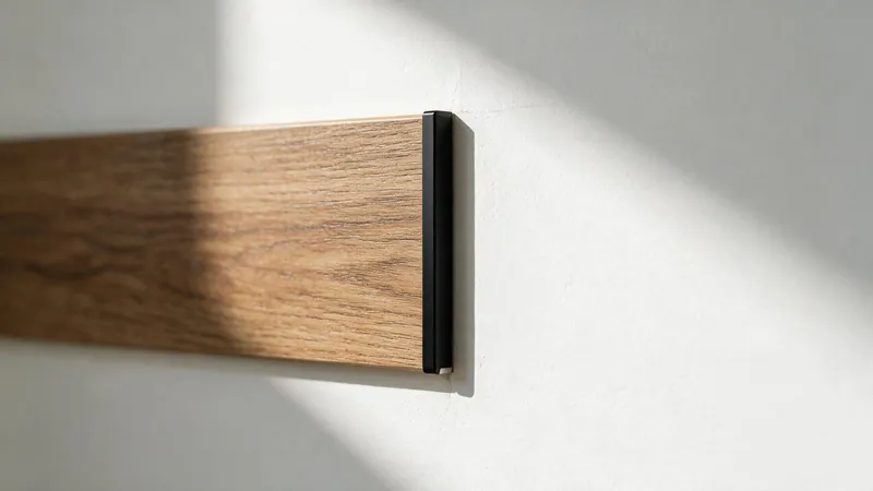 Canto del panel rematado con un perfil de aluminio negro contra el yeso sin revestir