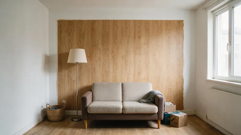 Salón de piso de alquiler con una pared revestida de paneles de listones verticales en tono roble, junto a un sofá y una lámpara de pie