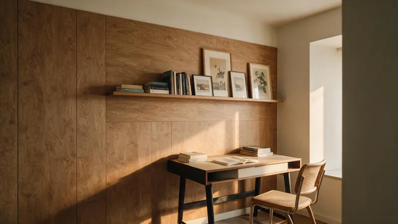 Despacho con panel de madera colocado en horizontal para enmarcar una balda flotante y varias láminas enmarcadas