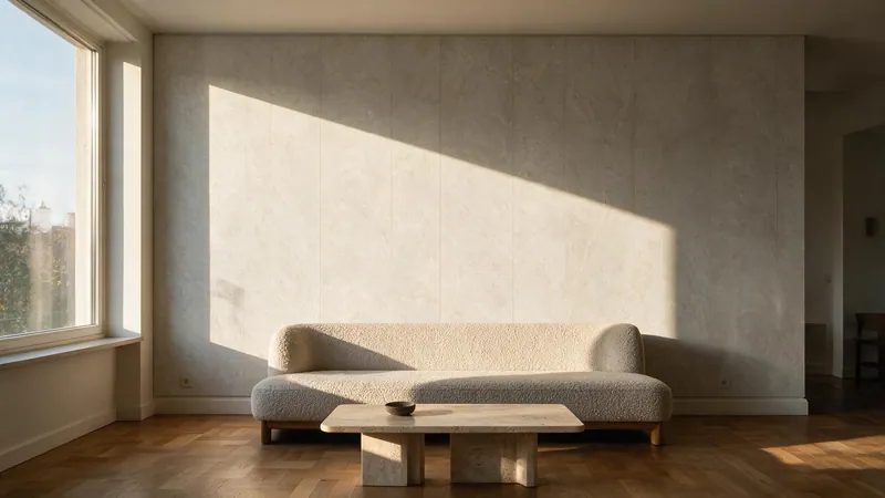Pared de salón revestida con paneles acanalados en tono madera, iluminada en rasante desde un lateral, con las sombras marcando los listones