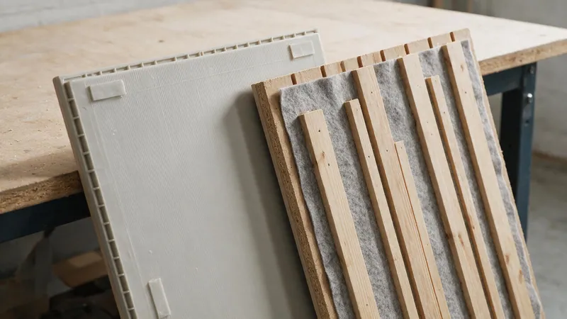 Reverso de dos paneles: uno macizo sin trasera y otro con listones de madera pegados sobre fieltro gris
