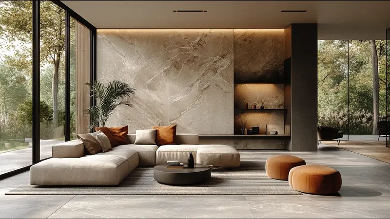 Salón contemporáneo con la pared del fondo en panel de mármol beige y una chimenea integrada