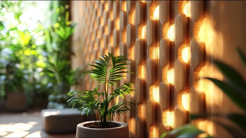Pared de panel con relieve tridimensional retroiluminado en tono cálido, con plantas de interior en primer plano