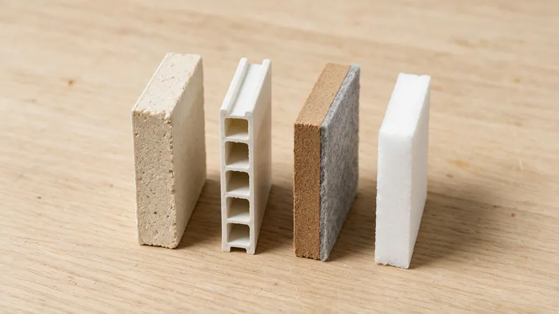 Muestras de paneles decorativos de pared apoyadas sobre una pared clara, con los cantos cortados a la vista
